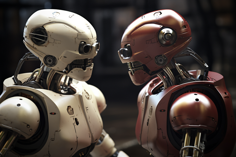 KI-generiertes Bild, das zwei Roboter - einer weiß, einer rot - zeigt, die sich böse anschauen.