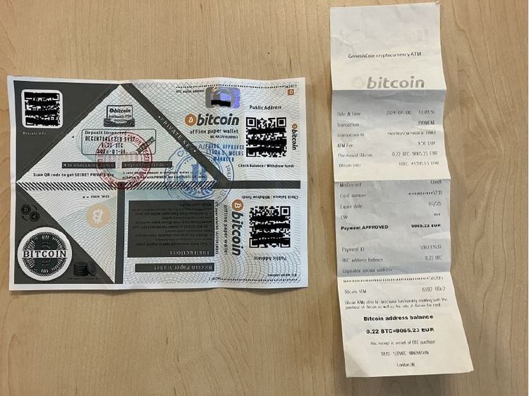 Ein Bitcoin-Paper-Wallet und ein gefälschter Belege über Einzahlungen auf das Bitcoin-Konto liegen auf einem Tisch.