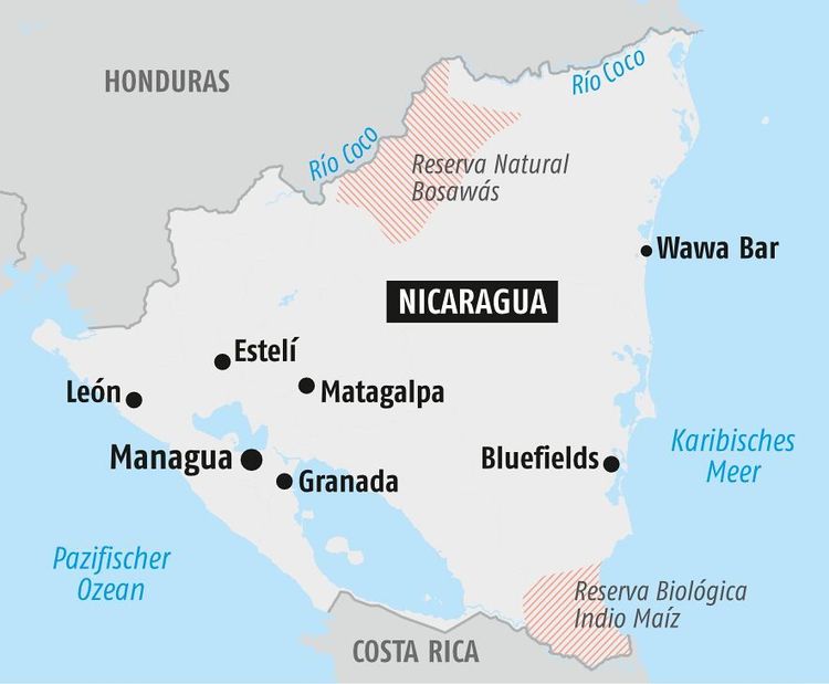 Landkarte Nicaraguas mit den Naturschutzgebieten Bosawás und Indio Maíz