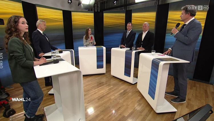 Schilling, Lopatka, Stribl, Vilimsky, Schieder und Brandstätter am Wahlabend im ORF.