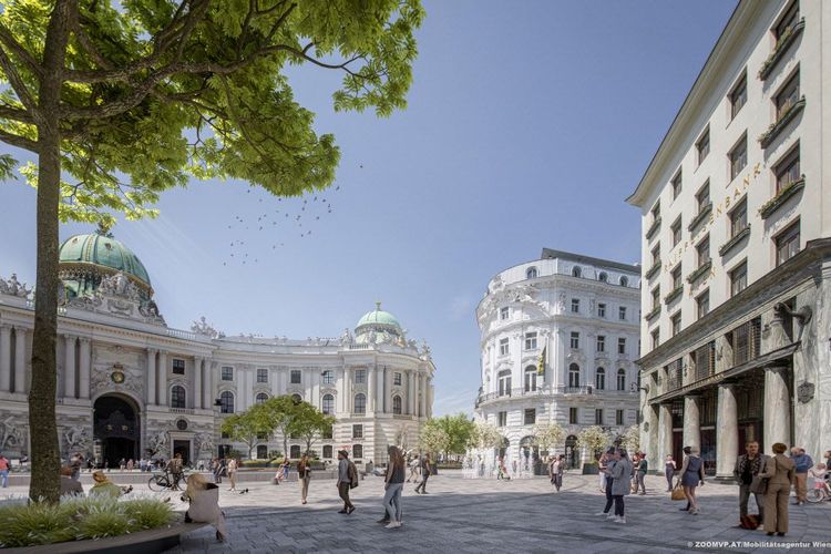 Eine Visualisierung des Michaelerplatzes mit Blick auf die Hofburg: Künftig sollen dort neun große Bäume wachsen.