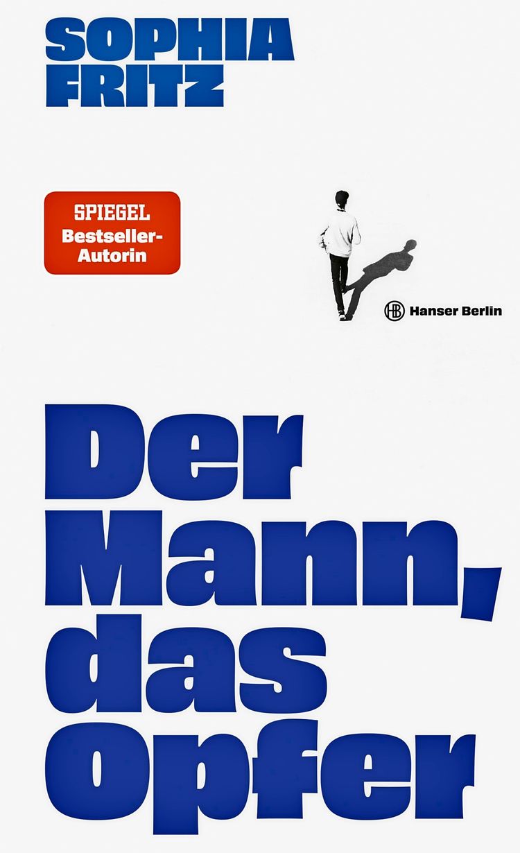 Ein weißes Buchcover mit dicker blauer Schrift, oben rechts neben dem Verlagsnamen ist ein kleines Bild eines gehenden Mannes, der von hinten gezeigt wird.