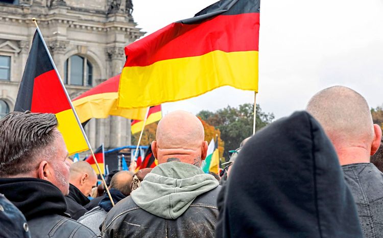 Männer mit Deutschlandflaggen von hinten.