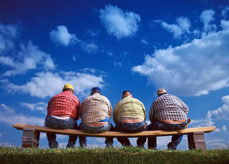 Vier übergewichtige Bauarbeiter von hinten fotografiert, auf einer Bank sitzend