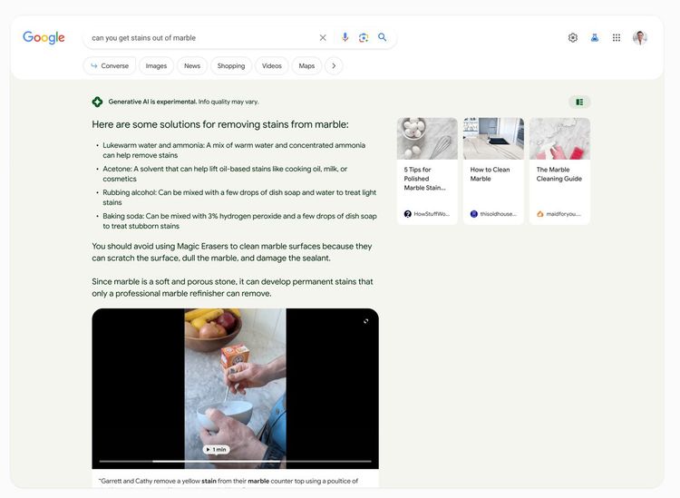 Ein Screenshot zeigt eine KI-generierte Antwort der Google-Suche, dabei ist ein Video eingebettet.