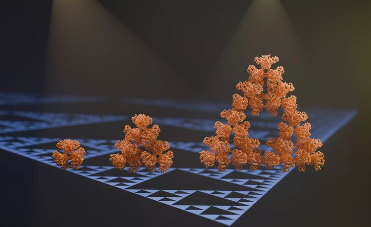 Ein Computer-Rendering eines Proteins, das von links nach rechts immer größere Dreiecke bildet.