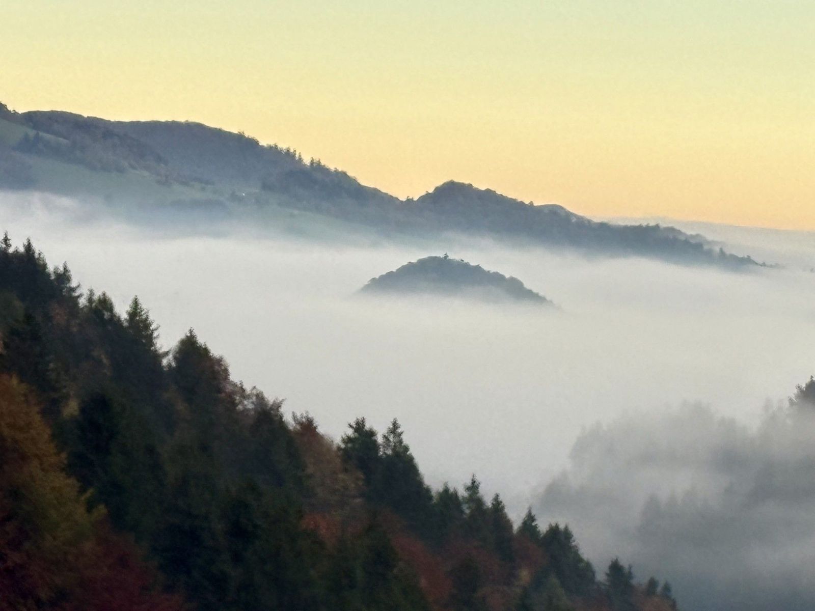 Nebelverhangenes Gebirge im Morgengrauen