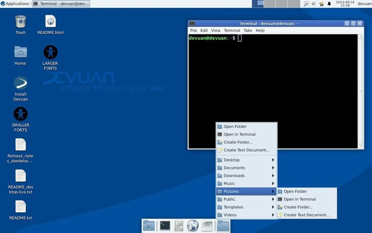 Ein Bildschirmfoto eines Devuan-5-Desktops