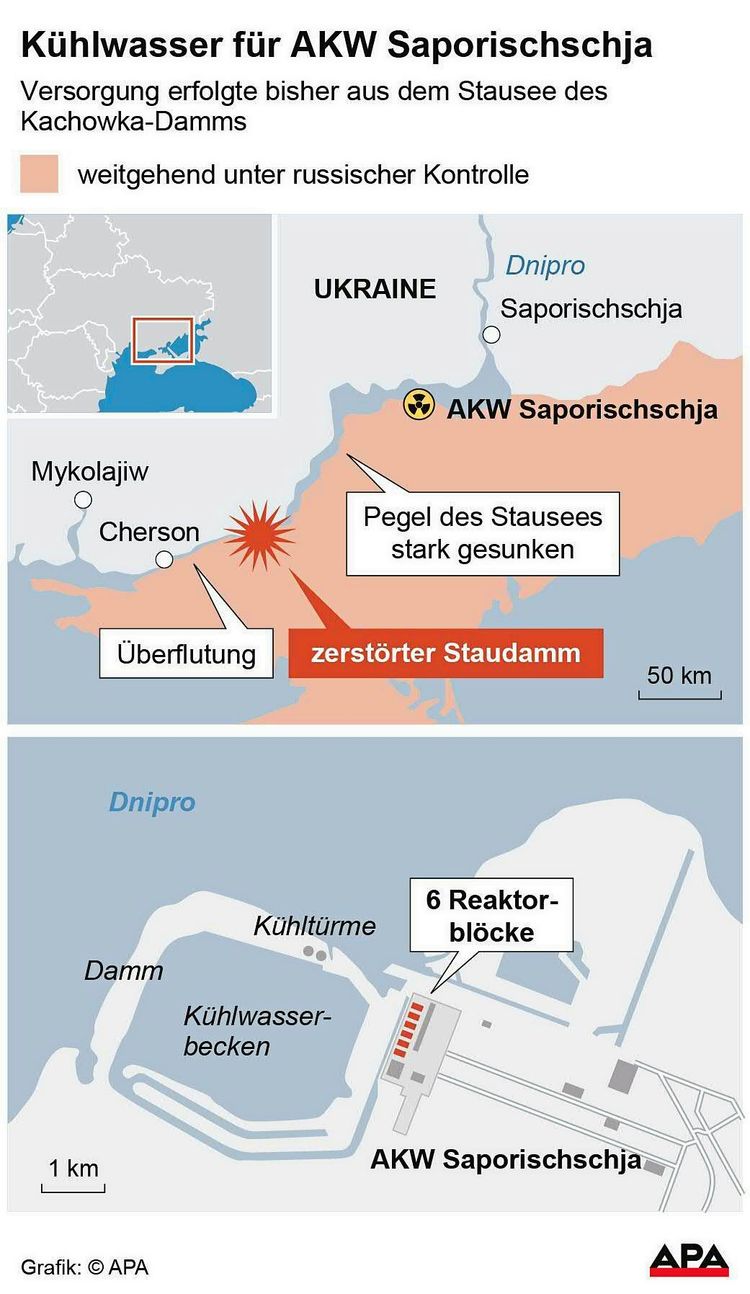 Karte Südukraine mit Kachowka-Staudamm und AKW, Detailplan Atomkraftwerk