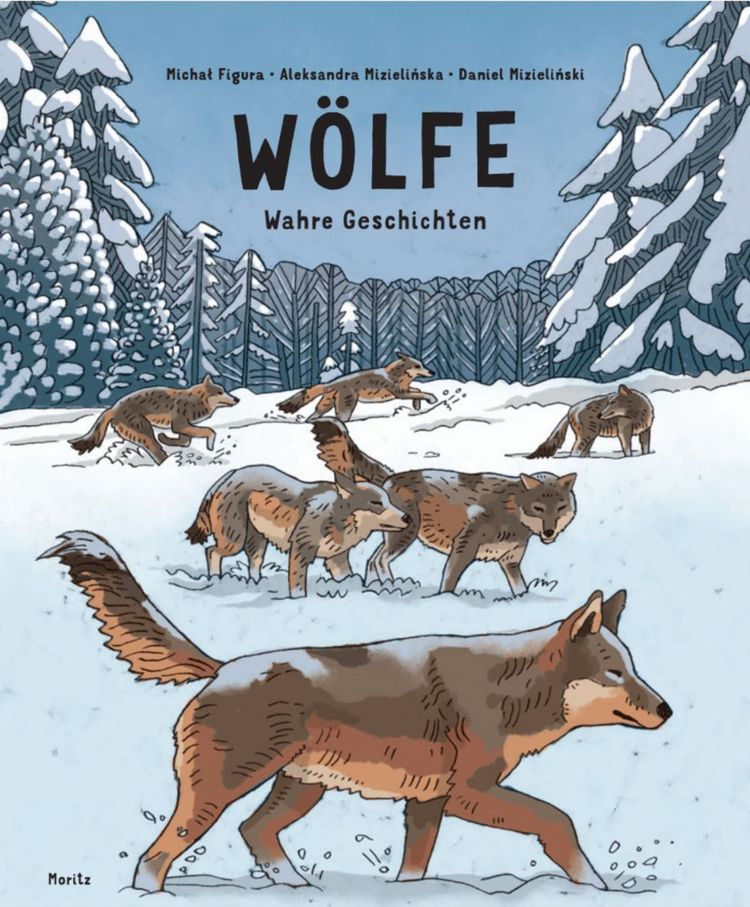 Buchcover mit Zeichnungen von Wölfen im Schnee