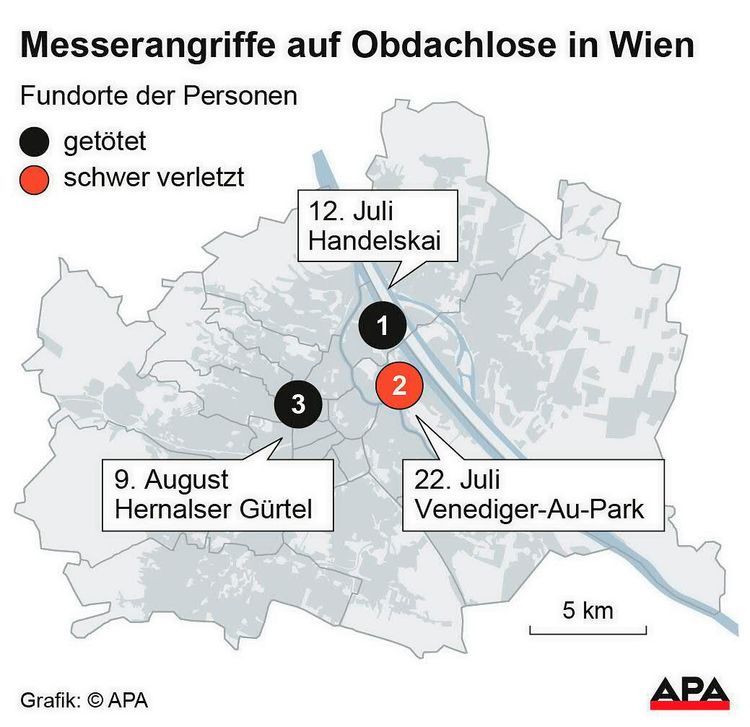 Wienkarte mit Fundorten der angegriffenen Personen.