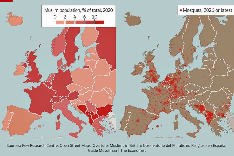 Zwei Europakarten: Die linke Karte zeigt den prozentualen Anteil der muslimischen Bevölkerung im Jahr 2020, farblich von hellrosa (0 %) bis dunkelrot (über 10 %) abgestuft. Die rechte Karte zeigt die Verteilung von Moscheen bis 2026 oder der aktuellsten verfügbaren Daten, mit roten Punkten markiert. Quellenangaben unten: Pew Research Centre, Open Street Maps und weitere.