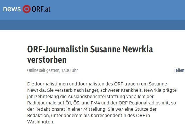 Die ORF-Journalistin Susanne Newrkla starb im Alter von 55 Jahren nach langer, schwerer Krankheit.