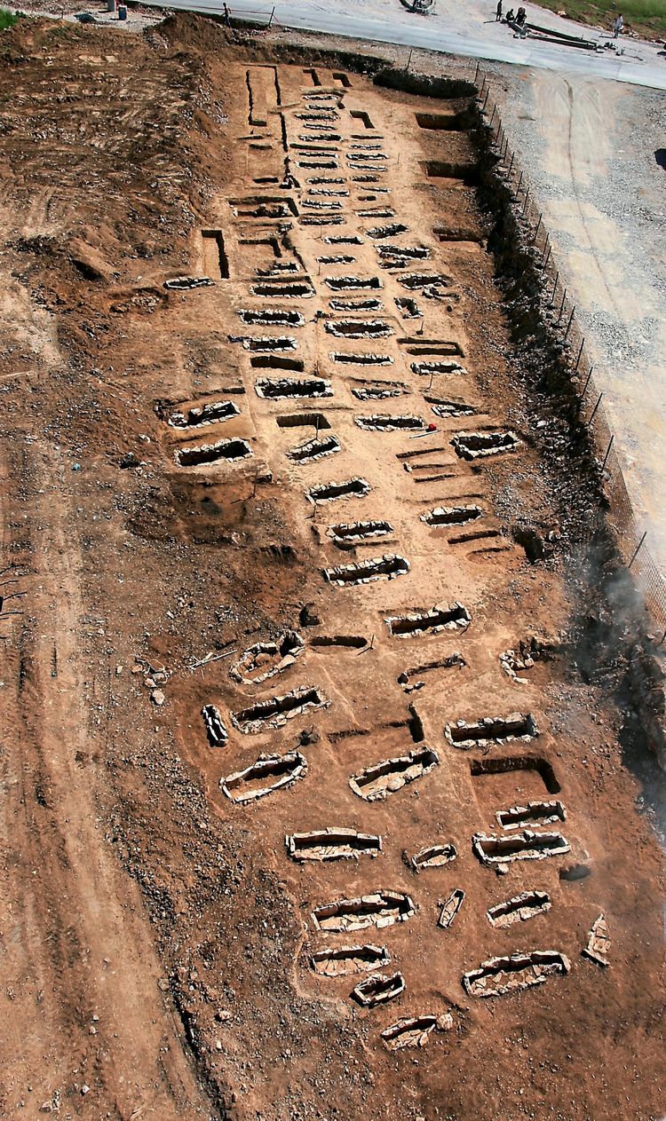 Luftaufnahme einer archäologischen Ausgrabungsstätte in Velim, Kroatien. Zahlreiche freigelegte Gräber in rechteckigen Gruben sind deutlich in der Erde erkennbar. Ein Teil der Fläche ist durch Zäune abgegrenzt.