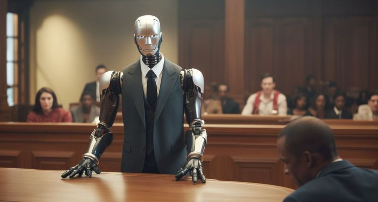 Ein Roboteranwalt in einem Gerichtssaal, generiert mit Midjourney.