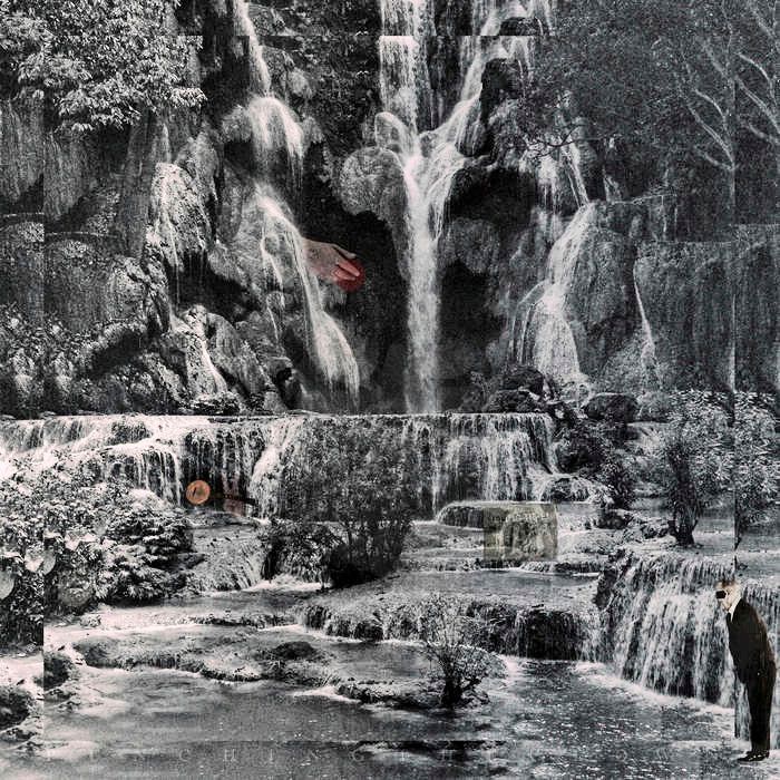 Schwarz-weißes surrealistisches Bild mit einem Wasserfall, Pflanzen und einem Mann im Anzug rechts unten. Ein rotes Element, ähnlich einer Hand, erscheint in den Wasserfällen.