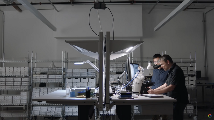 In einem großen Raum stehen an einem Arbeitstisch zwei Männer vor dem Mikroskop. Im Hintergrund sind auf großen Regalen kleine Behältnisse zu sehen.