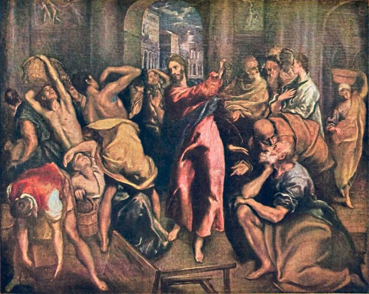 Ein Ölgemälde von Jesus mit erhobener Hand und Menschen, die in Deckung gehen.