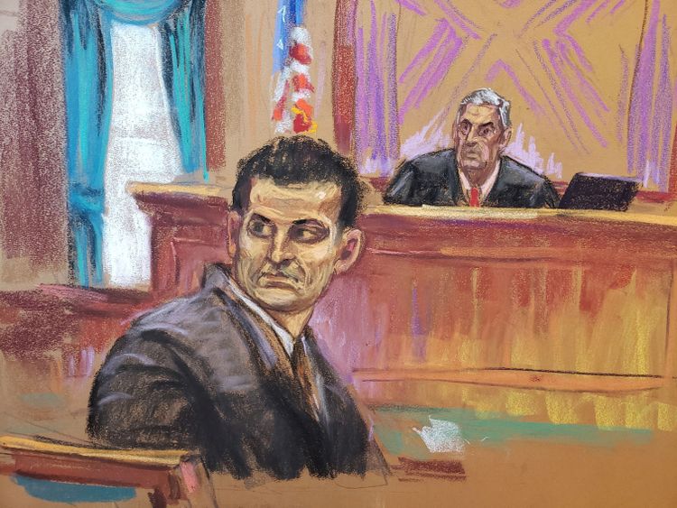 Ein gezeichnetes Bild von Sam Bankman-Fried im Gericht.