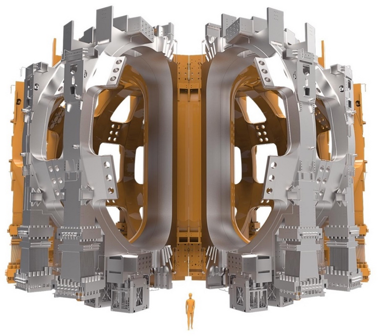 Ein Computer-Rendering zeigt die Spulen, um einen zentralen Pfeiler angeordnet. Davor als Größenvergleich ein winziger Mensch.