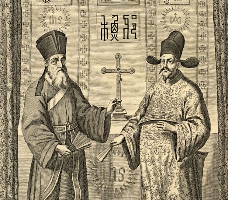 Ein Kupferstich mit zwei Männern, links Ricci, rechts ein Chinese in einheimischer Tracht.