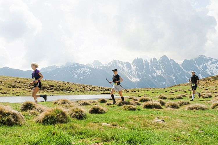 Drei Läufer vor einer Bergkulisse