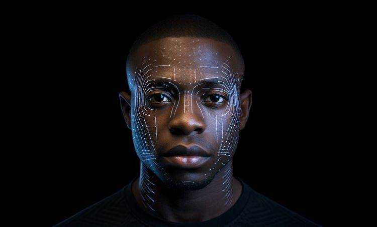 Ein Gesichtserkennungssystem scannt das Gesicht eines Afroamerikaners (erstellt mit Midjourney)