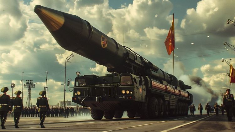 Militärparade mit Soldaten und ICBM-Launchern (generiert mit Midjourney)