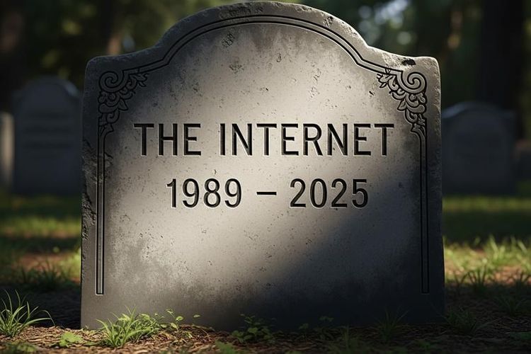 Ein KI-generierter Grabstein des Internets von 1989 - 2025.