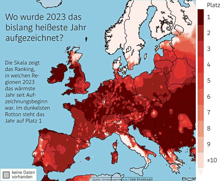 Eine Europakarte zeigt in verschiedenen Rottönen, in welchen Regionen 2023 das wärmste Jahr seit Aufzeichnungsbeginn war. Teile von Österreich, Deutschland, Frankreich und Großbritannien und nahezu der ganze Südosten Europas sind dunkelrot eingefärbt, dort war es also 2023 im Durchschnitt seit Messungsbeginn am heißesten.