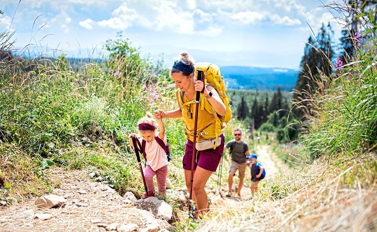 Eine Familie beim Wandern auf einem Berg: Mutter, Vater, zwei kleine Kinder, teils mit Wanderstöcken