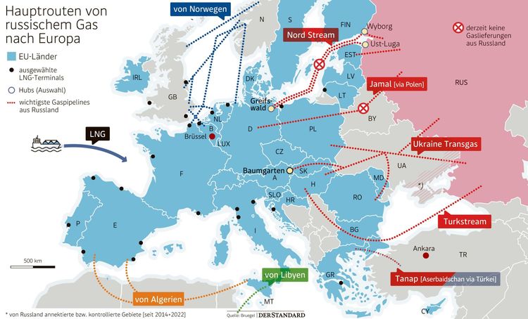 Hauptrouten, über die Gas aus Russland über Pipelines oder Schiff nach Europa kommt