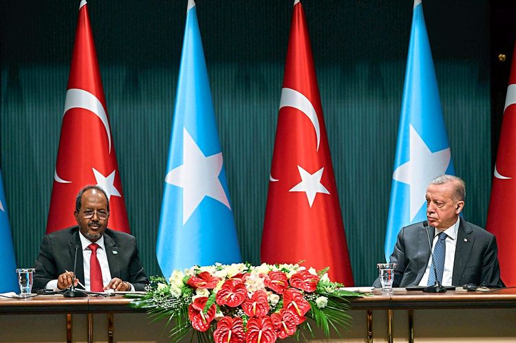Somalias Präsident Hassan Sheikh Mohamud und sein türkischer Amtskollege Recep Tayyip Erdoğan im Juli 2022 bei einer Pressekonferenz in Ankara.