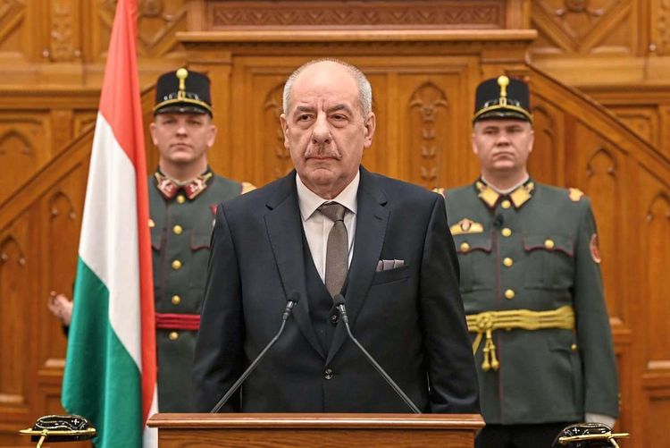 Ungarns neuer Präsident Sulyok vor der Nationalfahne.