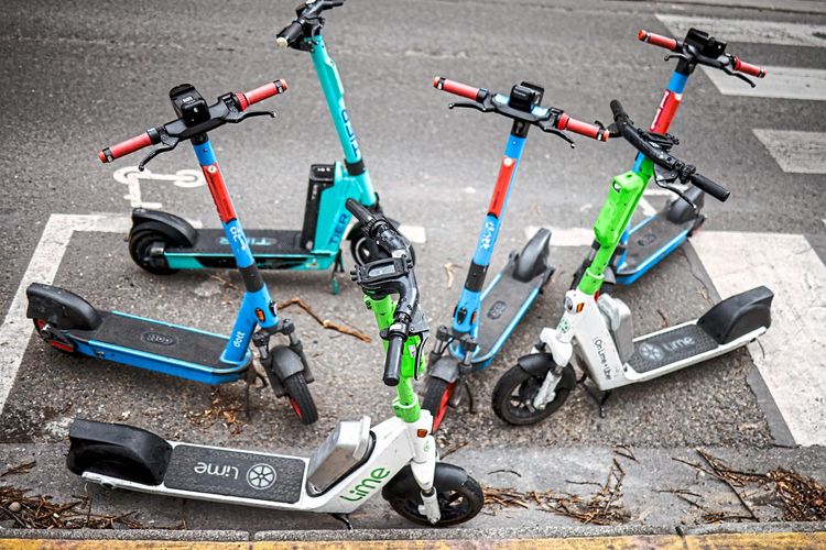 Self-service e-scooters parked in Paris, France, 01 April 2023.