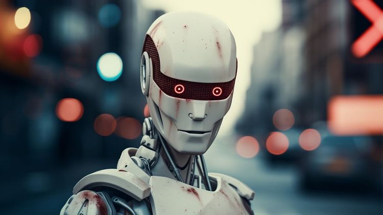 Humanoider Roboter vor einer Stadtkulisse.