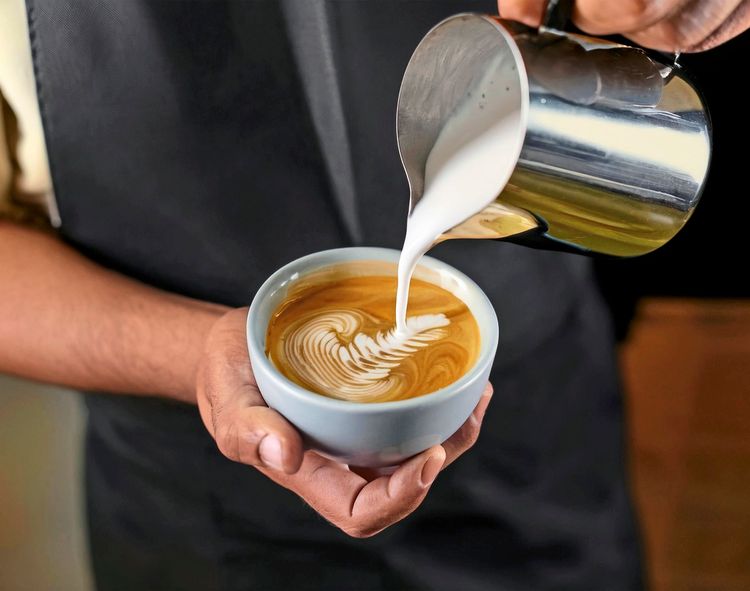 Ein Barista gießt vorsichtig aufgeschäumte Milch in eine Tasse Kaffee und kreiert dabei Latte Art in Form eines Blattmusters.