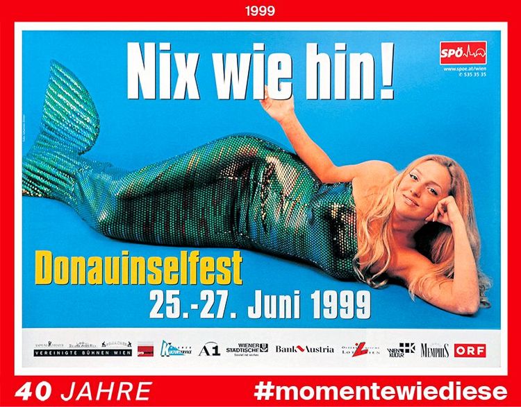 1999 lockte eine blonde Frau in Flossenoutfit mit dem Slogan 