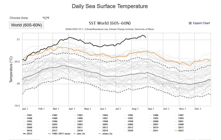 Grafik zu aktuellen und früheren Meerestemperaturen