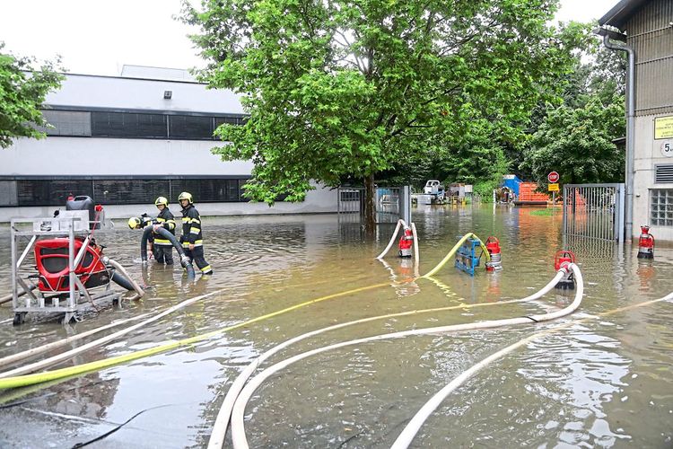 Drei Feuerwehrleute stehen im Hochwasser.