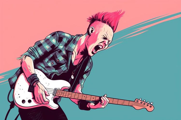 illustration of a punk guitarist on stage, playing a guita solo, emotional facial exppression. Light colors. --ar 3:2