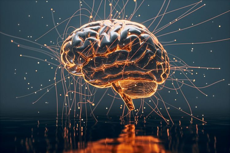 Digitales Rendering eines Gehirns mit leuchtenden, abstrakten neuronalen Verbindungen, das die Komplexität und Vernetzung von künstlicher Intelligenz und kognitiven Technologien darstellt.