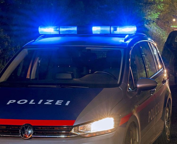 Polizeiauto bei Nacht mit Blaulicht.