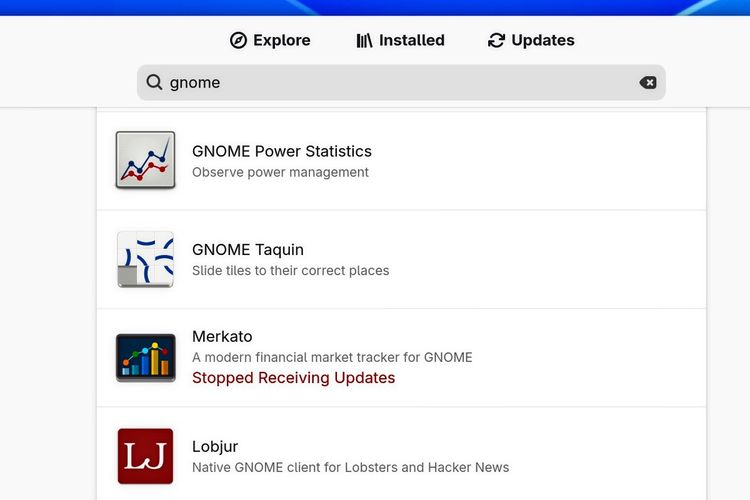 Screenshot des Software-Centers GNOME Software mit aktivem Suchfeld nach dem Begriff 