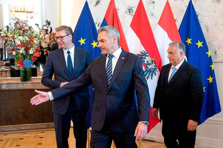 Kanzler Karl Nehammer, ungarischer Ministerpräsident Viktor Orbán und serbischer Präsident Aleksandar Vučić