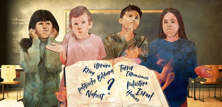 Illustration mit Schülerinnen und Schülern in der Schule, zwei Mädchen und zwei Buben stehen hinter einem Aufgeschlagenen Buch mit, auf den Seiten stehen Themen wie Ukraine, Krieg, Nahost.