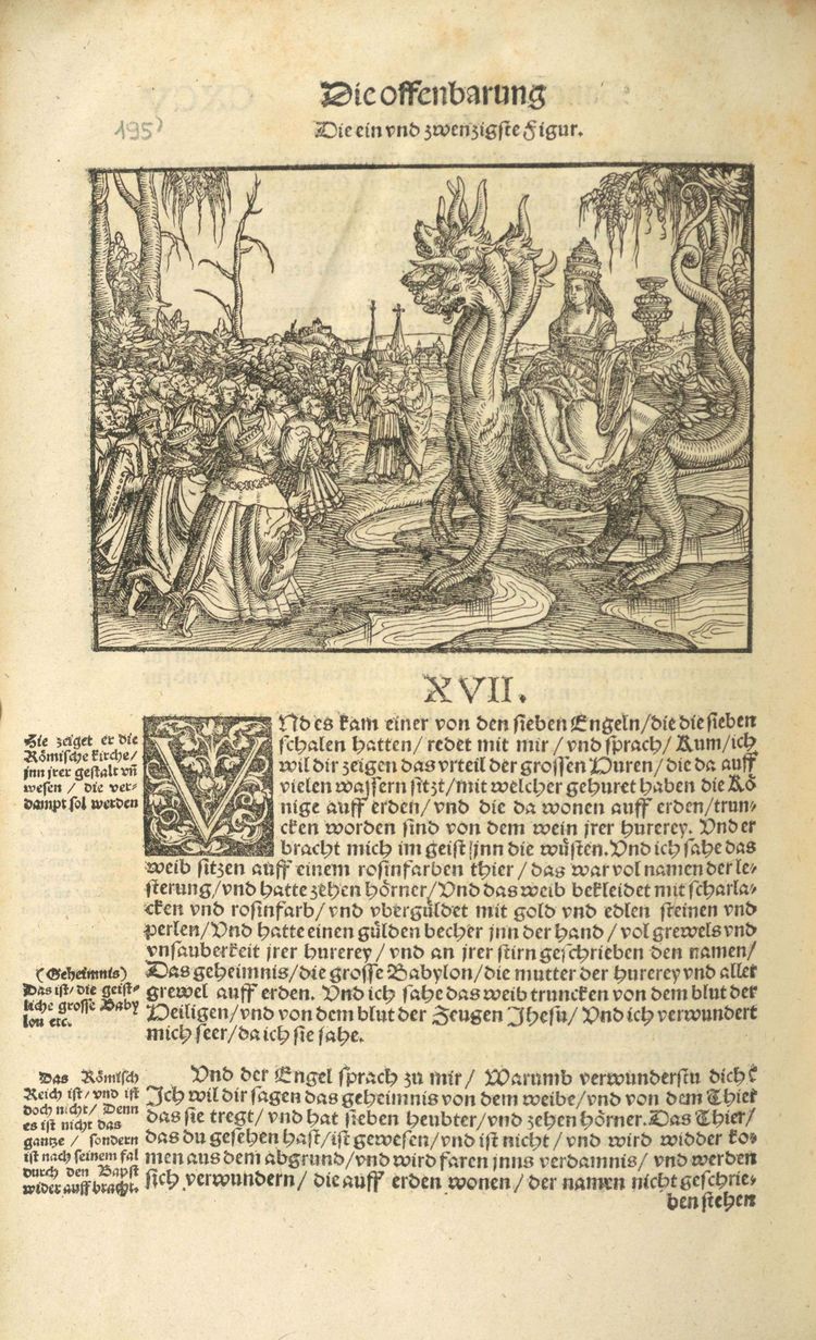 Mittelalterliche Buchseite mit Zeichnung von Person die auf Fabelwesen reitet.