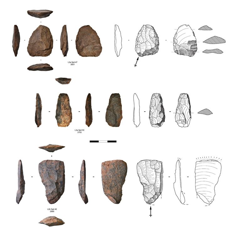 Eine Bildkomposition dreier steinzeitlicher Artefakte mit jeweils mehreren Ansichten (Vorder-, Seiten-, Rückansicht) und dazugehörigen schematischen Zeichnungen. Oben eine Hohlbasis-Spitze aus Hornfels, typisch für das späte MSA in KwaZulu-Natal. In der Mitte ein beidseitig flächig bearbeitetes Werkzeug. Unten ein einseitig überarbeitetes Artefakt mit quer verlaufender Arbeitskante, möglicherweise als beilartiges Werkzeug genutzt. Ein Maßstab ist beigefügt.