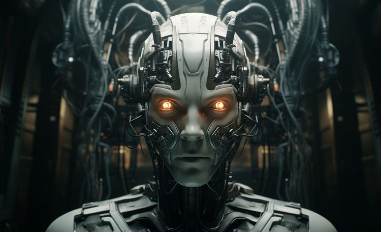 Ein böse dreinblickender, humanoider Roboter. Erzeugt mit der Bilder-KI Midjourney.