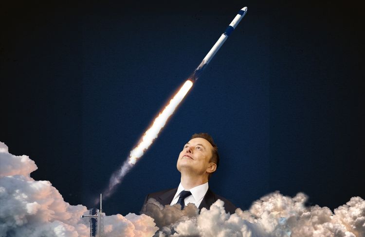 Eine Collage zeigt den Start einer Rakete, die in den Himmel aufsteigt, überlagert durch das Bild eines Mannes in Anzug, dessen Gesicht unkenntlich gemacht wurde. Im Hintergrund ist ein dunkelblauer Himmel und Rauch vom Raketenstart sichtbar.